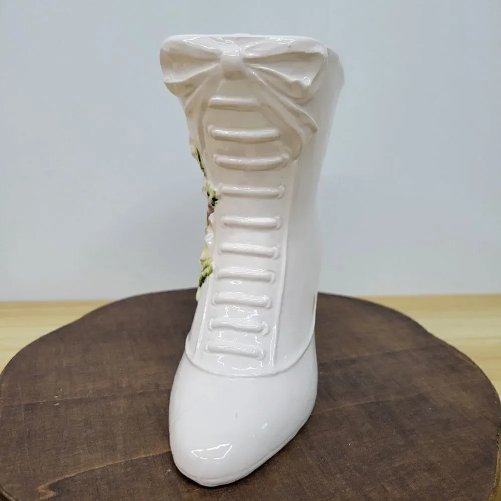 Vintage 1960's Napco Ivory Boot Vase Victorian Style Yellow & Orange Floral Vase